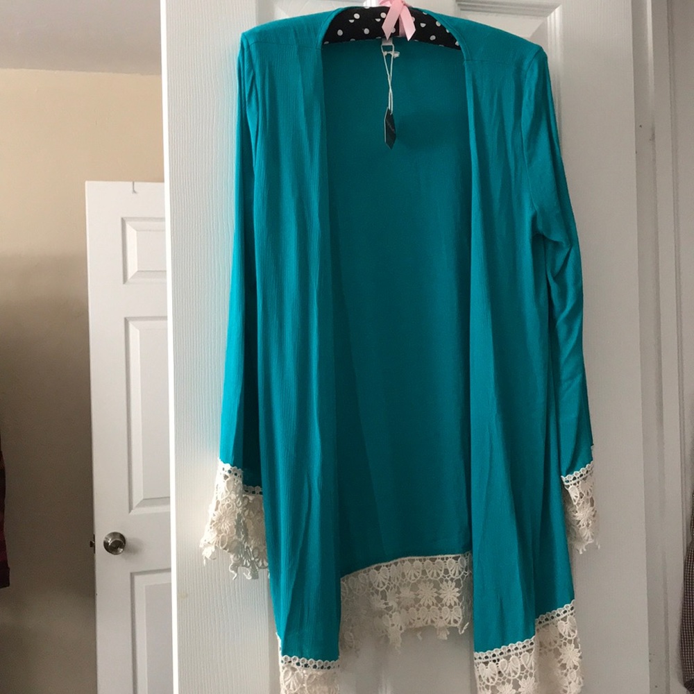 PinkBlush Aqua Crochet Trim Cardigan